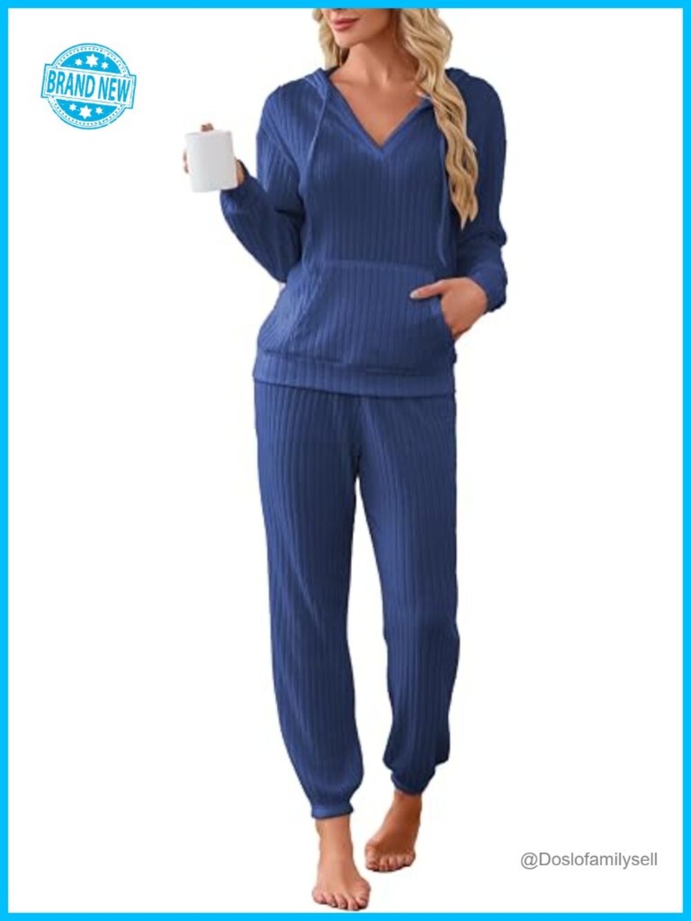 Ribbed Knit Matching Pajama Set with Hoodie & Joggers Pockets